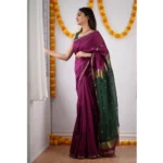 Women's Cotton  Printed Saree With Unstitched Blouse 5.5Mtr (Wine)