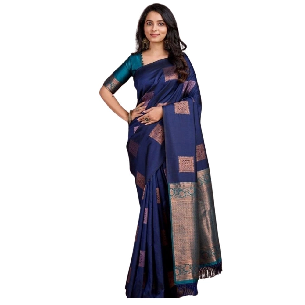 54466036108_44ef92f4fe_o_d-1000x1000-1.webp Women's Silk Printed Saree With Unstitched Blouse 5.5Mtr (Navy Blue) - Image 1