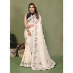 Women's Linen Cotton Printed Saree With Unstitched Blouse 5.5Mtr (Off White) - Image 5