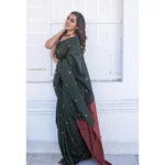 Women's Litchi silk Printed Saree With Unstitched Blouse (Dark Green) - Image 2