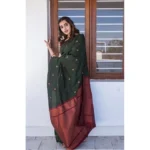 Women's Litchi silk Printed Saree With Unstitched Blouse (Dark Green) - Image 3