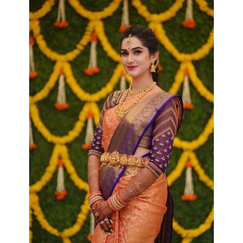 BSB233-SASYYYH-5001-Orange-Main-1000x1000-1.webp Women's Litchi silk Printed Saree With Unstitched Blouse (Orange) - Image 1