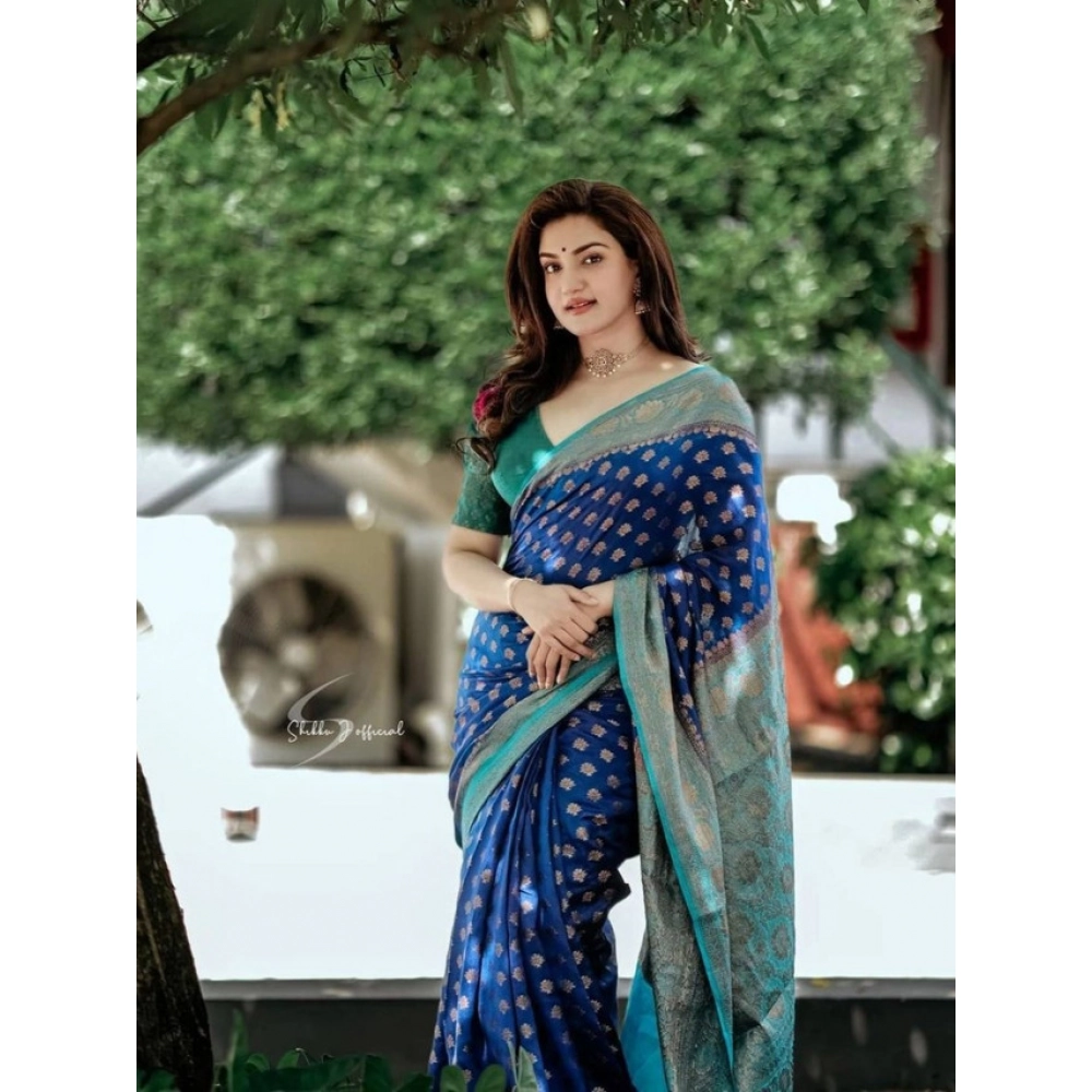 BSB233-SASYYYH-5012-nvyblu-Main-1000x1000-1.webp Women's Litchi silk Printed Saree With Unstitched Blouse (Navy Blue) - Image 1