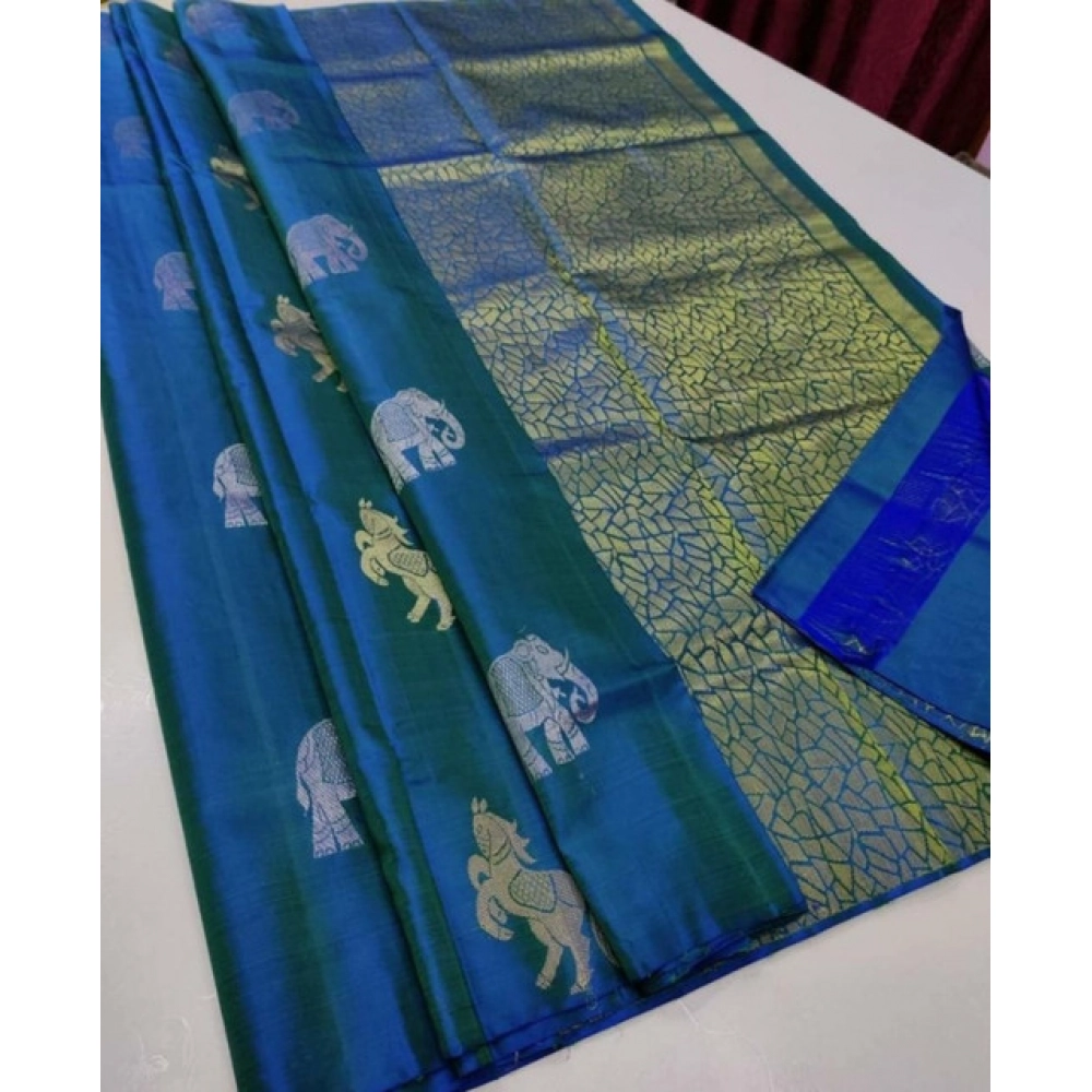 BSB233-SASYYYH-5014-bondiblue-main-1000x1000-1.webp Women's Litchi silk Printed Saree With Unstitched Blouse (Turquise Blue) - Image 1