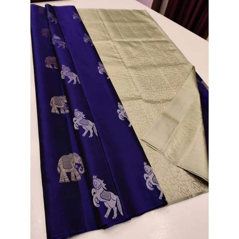 BSB233-SASYYYH-5014-nvyhwt-main-1000x1000-1.webp Women's Litchi silk Printed Saree With Unstitched Blouse (Navy Blue With White) - Image 1