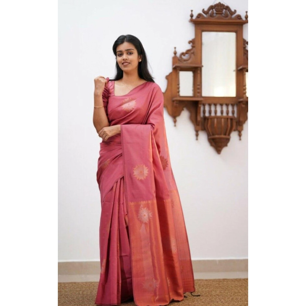 BSB233-SAs-YYYh-5009-pch-Main-1000x1000-1.webp Women's Litchi silk Printed Saree With Unstitched Blouse (Peach) - Image 1