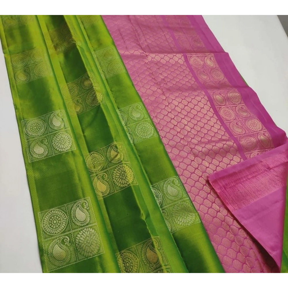 BSB233-SAs-YYYh-5018-ligreen-main-1000x1000-1.webp Women's Litchi silk Printed Saree With Unstitched Blouse (Green With Pink) - Image 1