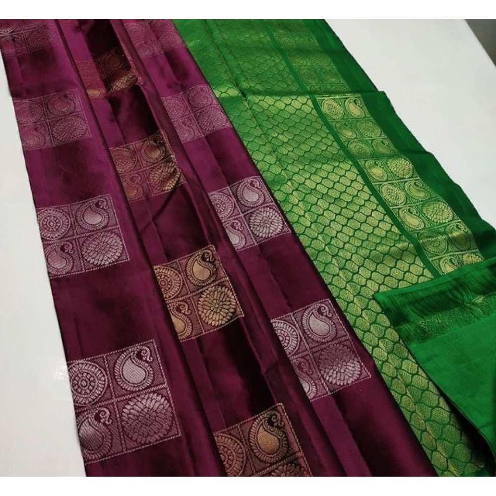 BSB233-SAs-YYYh-5018-magrn-main-1000x1000-1.webp Women's Litchi silk Printed Saree With Unstitched Blouse (Brown With Green) - Image 1