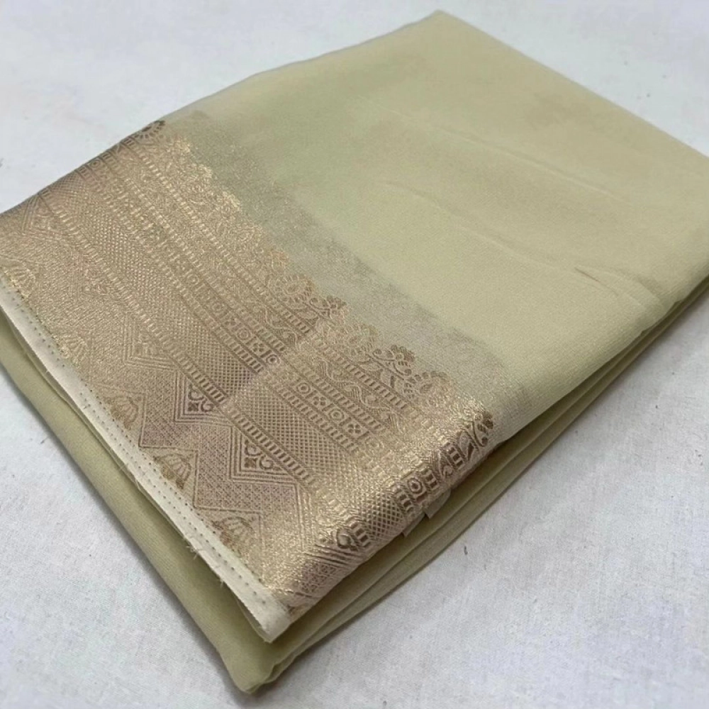 BSB98-SANW1004-Main-1000x1000-1.webp Women's Crepe Chit Pallu Solid Saree With Unstitched Blouse 5.5Mtr (Beige) - Image 1