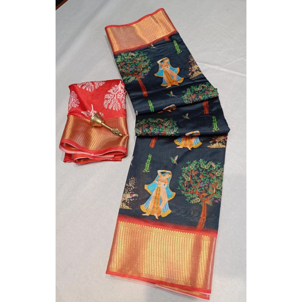 BSB98-SANW1053-Main-1000x1000-1.webp Women's Digital Dolla Silk Printed Saree With Unstitched Blouse 5.5Mtr (Black) - Image 1