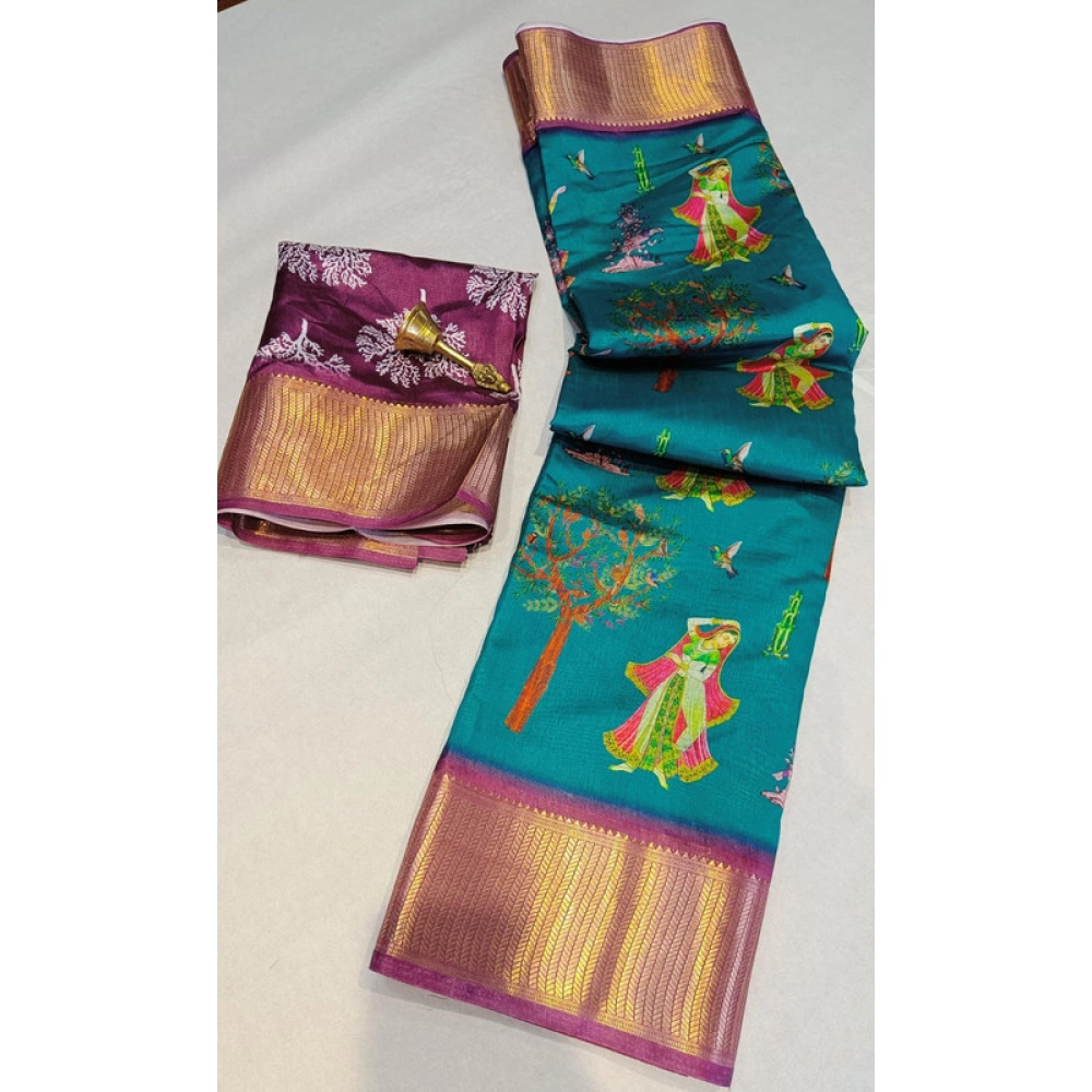 BSB98-SANW1056-Main-1000x1000-1.webp Women's Digital Dolla Silk Printed Saree With Unstitched Blouse 5.5Mtr (Turquoise Green) - Image 1