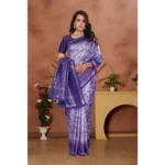 Women's Banarasi Silk Jaquard Woven Saree With Unstitched Blouse 5.5Mtr (Purple) - Image 3