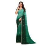 Women's Chiffon Embroidred Saree With Unstitched Blouse 5.5Mtr (Dark Green) - Image 5