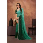 Women's Chiffon Embroidred Saree With Unstitched Blouse 5.5Mtr (Dark Green) - Image 2