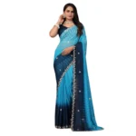 Women's Chiffon Embroidred Saree With Unstitched Blouse 5.5Mtr (Light Blue) - Image 5