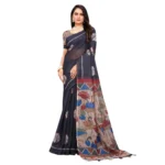 Women's Linen Printed Saree With Unstitched Blouse 5.5Mtr (Black) - Image 5