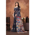 Women's Linen Printed Saree With Unstitched Blouse 5.5Mtr (Black) - Image 2