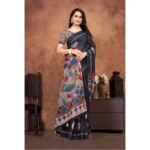 Women's Linen Printed Saree With Unstitched Blouse 5.5Mtr (Black) - Image 4