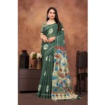 Women's Linen Printed Saree With Unstitched Blouse 5.5Mtr (Dark Green)