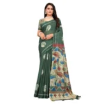 Women's Linen Printed Saree With Unstitched Blouse 5.5Mtr (Dark Green) - Image 5