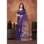 Women's Linen Printed Saree With Unstitched Blouse 5.5Mtr (Purple) - Image 2