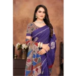 Women's Linen Printed Saree With Unstitched Blouse 5.5Mtr (Purple) - Image 4