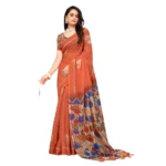 Women's Linen Printed Saree With Unstitched Blouse 5.5Mtr (Red) - Image 5