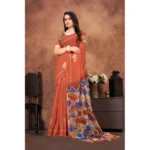 Women's Linen Printed Saree With Unstitched Blouse 5.5Mtr (Red) - Image 2