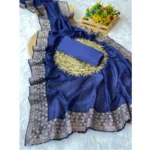 Women's Silk Embroidred Saree With Unstitched Blouse 5.5Mtr (Blue)