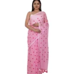 Women's Linen Printed Saree With Unstitched Blouse 5.5Mtr (Pink) - Image 2