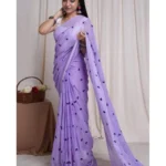 Women's Linen Printed Saree With Unstitched Blouse 5.5Mtr (Purple)