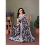 Women's Chiffon Printed Saree With Unstitched Blouse 5.5Mtr (Grey) - Image 3