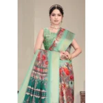 Women's Cotton Silk  Printed Saree With Unstitched Blouse 5.5Mtr (Light Green) - Image 3