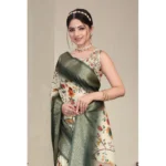 Women's Cotton Silk  Printed Saree With Unstitched Blouse 5.5Mtr (Green) - Image 2