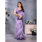Women's Linen Cotton  Printed Saree With Unstitched Blouse 5.5Mtr (Purple) - Image 4