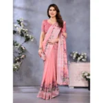 Women's Linen Cotton  Printed Saree With Unstitched Blouse 5.5Mtr (Peach) - Image 4