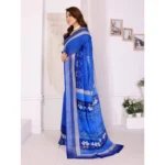 Women's Linen Cotton  Printed Saree With Unstitched Blouse 5.5Mtr (Blue) - Image 2