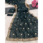 Women's Georgette Embroidered Saree With Unstitched Blouse 5.5Mtr (Teal)