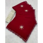 Women's Chiffon Butti Dotted Saree With Unstitched Blouse 5.5Mtr (Red)