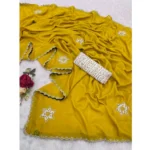 Women's Chiffon Butti Dotted Saree With Unstitched Blouse 5.5Mtr (Yellow) - Image 2