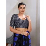 Women's Satin Crepe Printed Saree With Unstitched Blouse 5.5Mtr (Blue) - Image 4