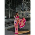 Women's Linen Printed Saree With Unstitched Blouse 5.5Mtr (Orange) - Image 3