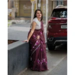 Women's Linen Printed Saree With Unstitched Blouse 5.5Mtr (Brown) - Image 2