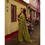 Women's Linen Printed Saree With Unstitched Blouse 5.5Mtr (Green) - Image 2