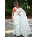 Women's Linen Printed Saree With Unstitched Blouse 5.5Mtr (White)