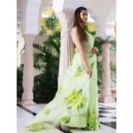 Women's Linen Printed Saree With Unstitched Blouse 5.5Mtr (Green) - Image 2