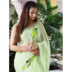 Women's Linen Printed Saree With Unstitched Blouse 5.5Mtr (Green) - Image 3