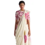 Women's Linen Printed Saree With Unstitched Blouse 5.5Mtr (White)