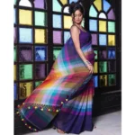 Women's Linen Printed Saree With Unstitched Blouse 5.5Mtr (Navy) - Image 2
