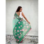Women's Linen Printed Saree With Unstitched Blouse 5.5Mtr (Green) - Image 2